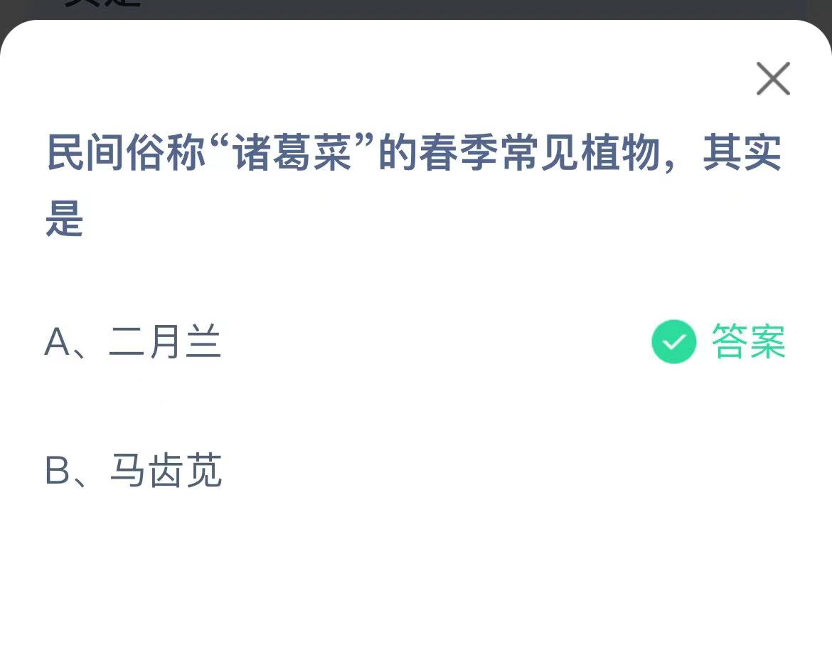 《支付宝》诸葛菜的春季常见植物其实是2023年2月24日最新答案